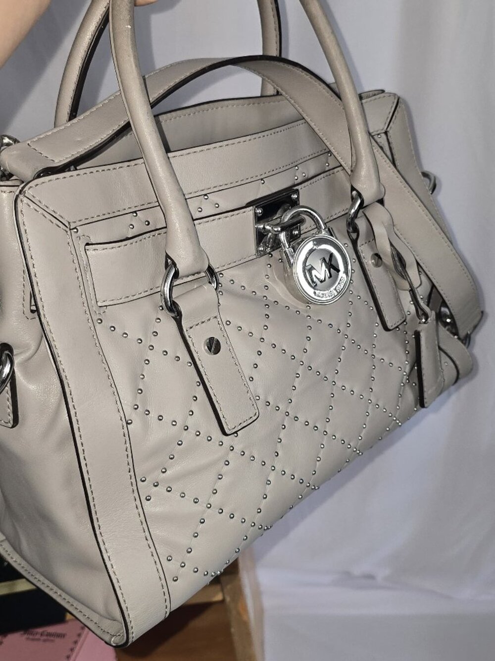 Michael Kors Hamilton Studded Satchel Beige Leather MK Lock Bag